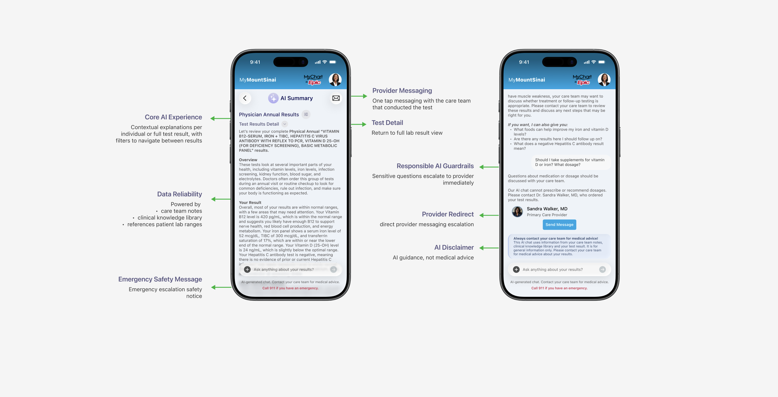 Responsible AI summary and chat experience with provider redirect for medication and dosage questions