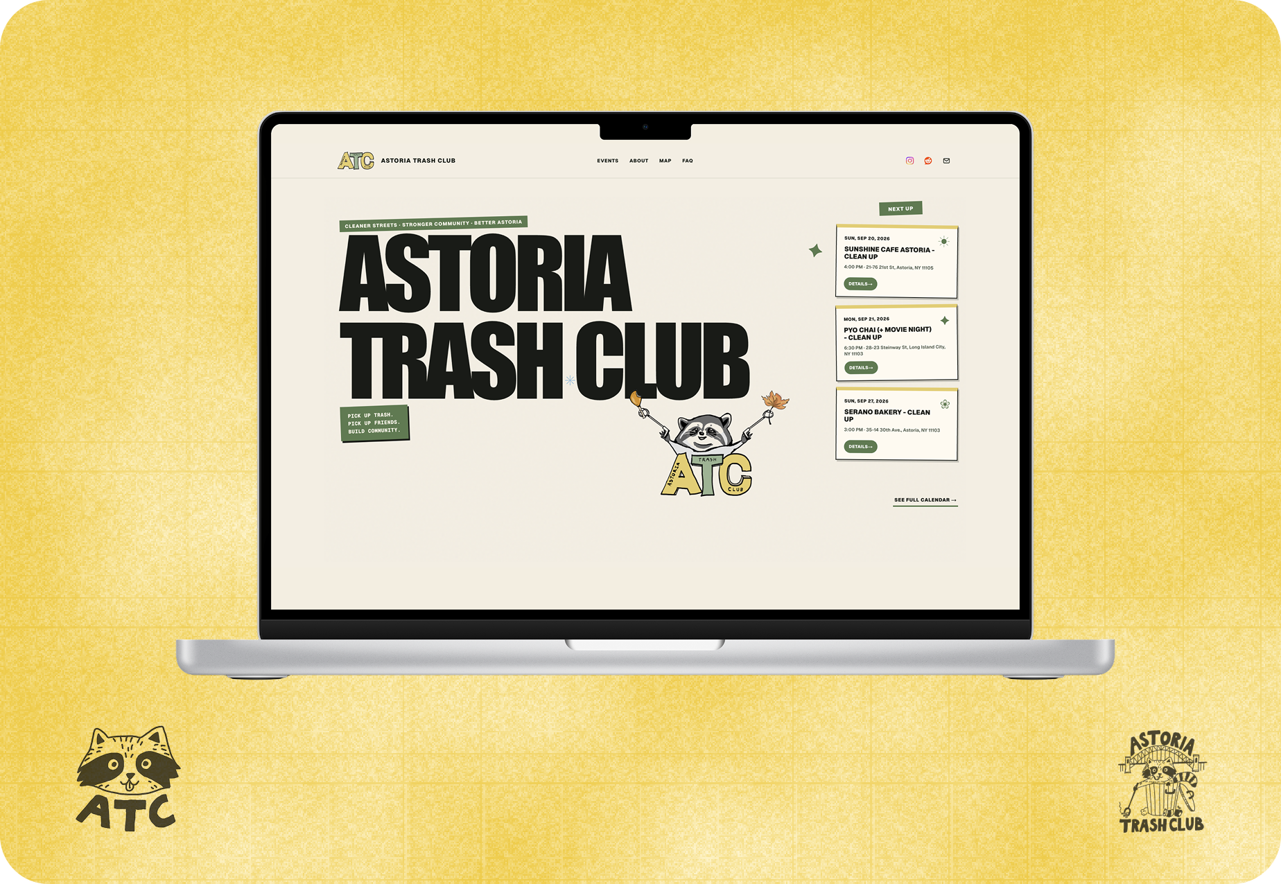 Astoria Trash Club redesigned website on a laptop with official logo and ATC stamp mark