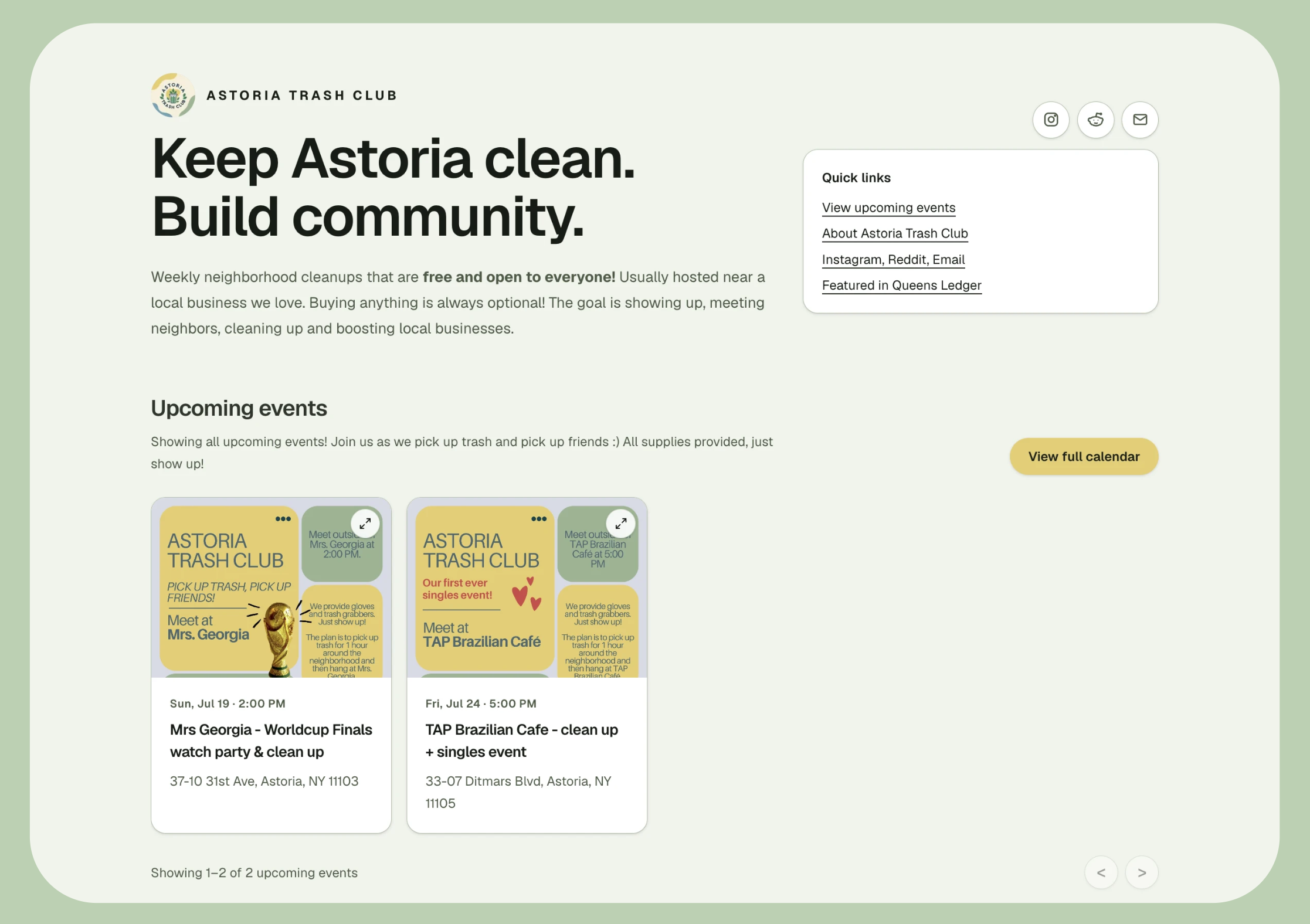 Astoria Trash Club website before the redesign, showing a simple cream layout with upcoming events