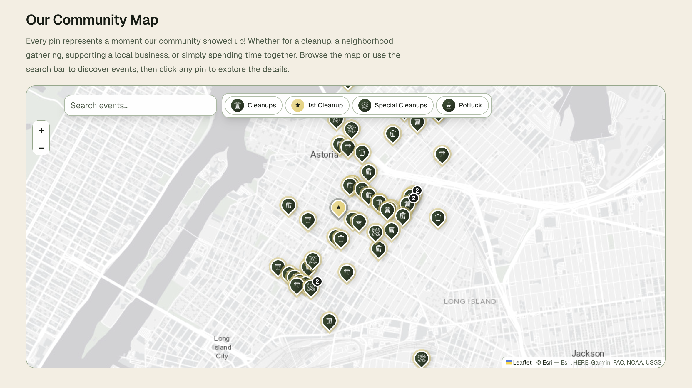 Astoria Trash Club community map with cleanup and event pins across Astoria