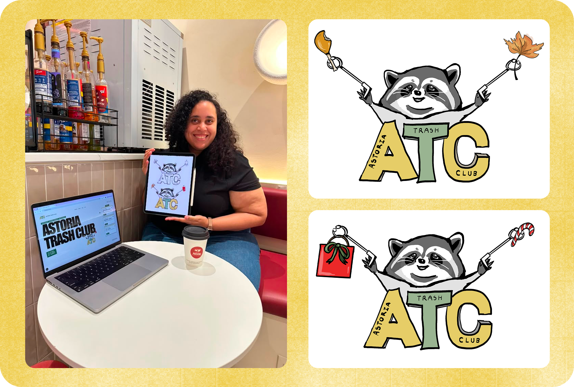 Seasonal ATC raccoon stamp marks and a designer reviewing the Astoria Trash Club brand on laptop and tablet