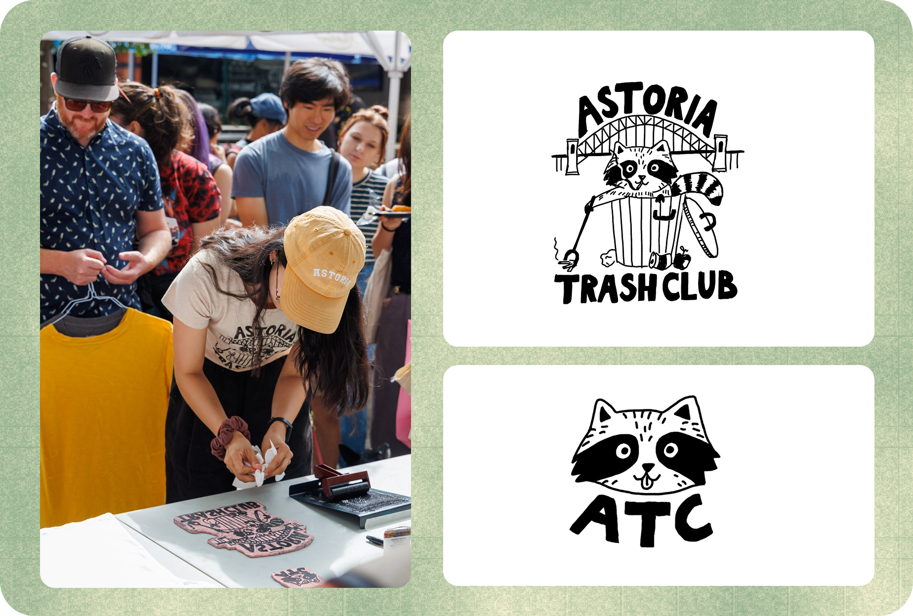 Official Astoria Trash Club raccoon logo, ATC stamp mark, and community printmaking at an outdoor event