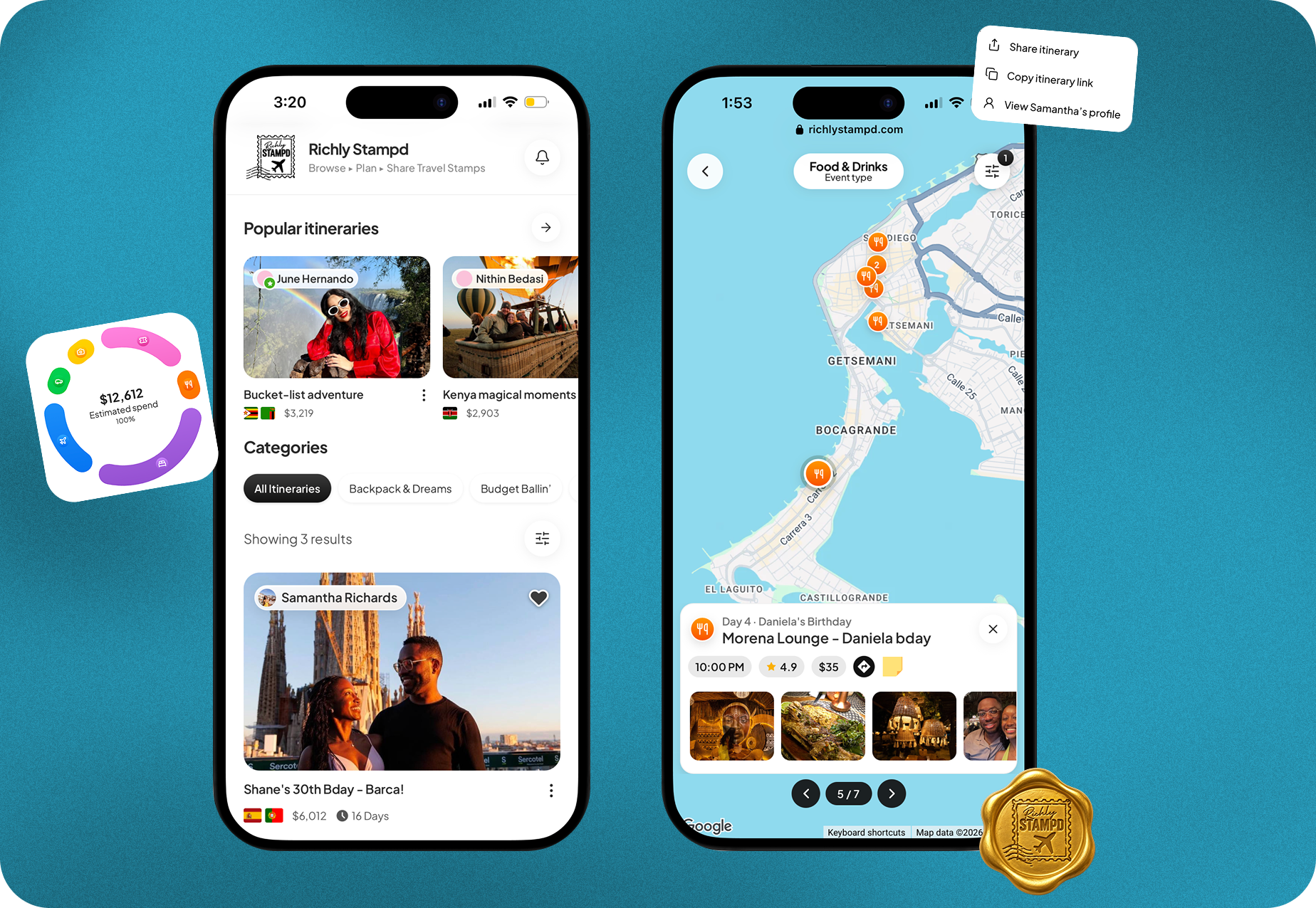 Richly Stampd app screens showing itinerary browse and map views on a teal background