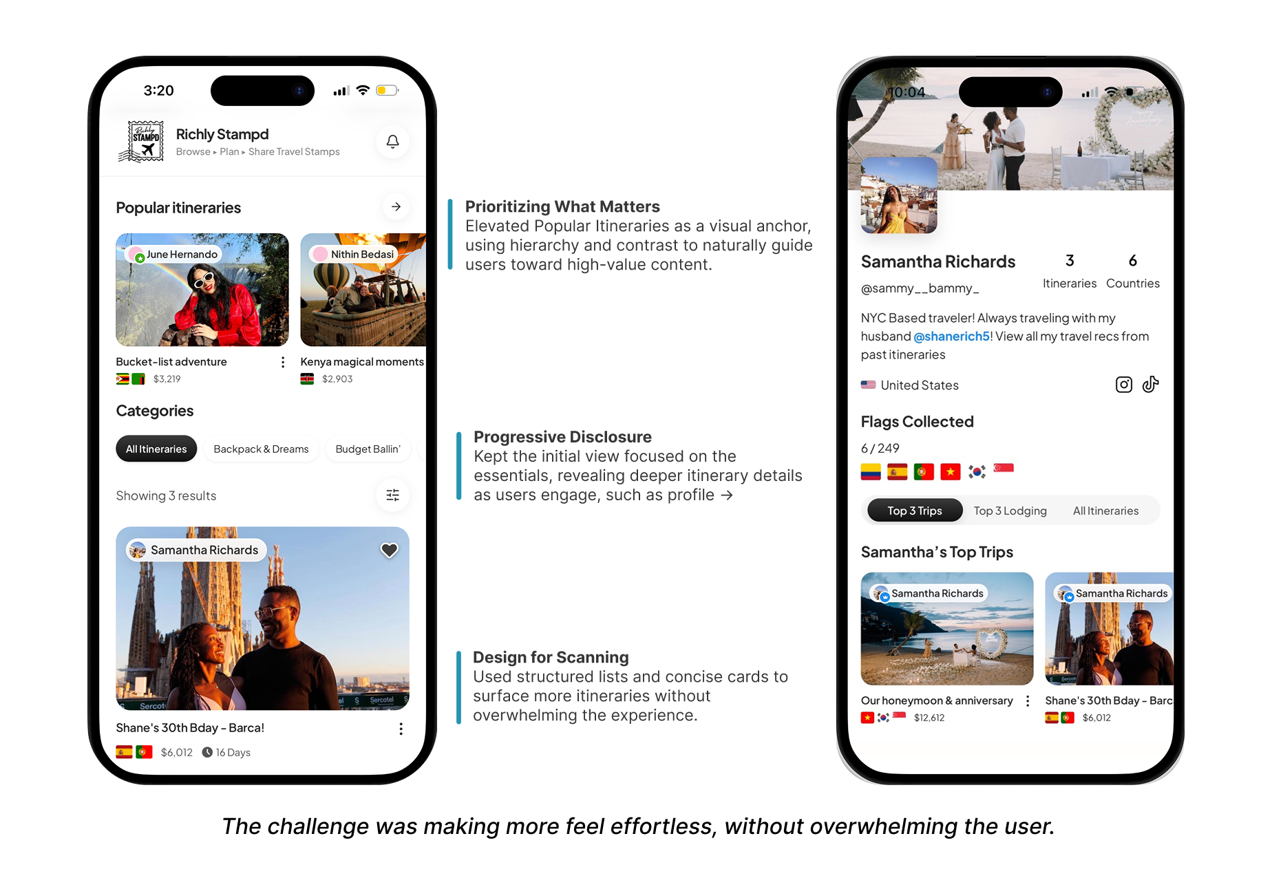 Richly Stampd Discover feed and profile screens with design priorities
