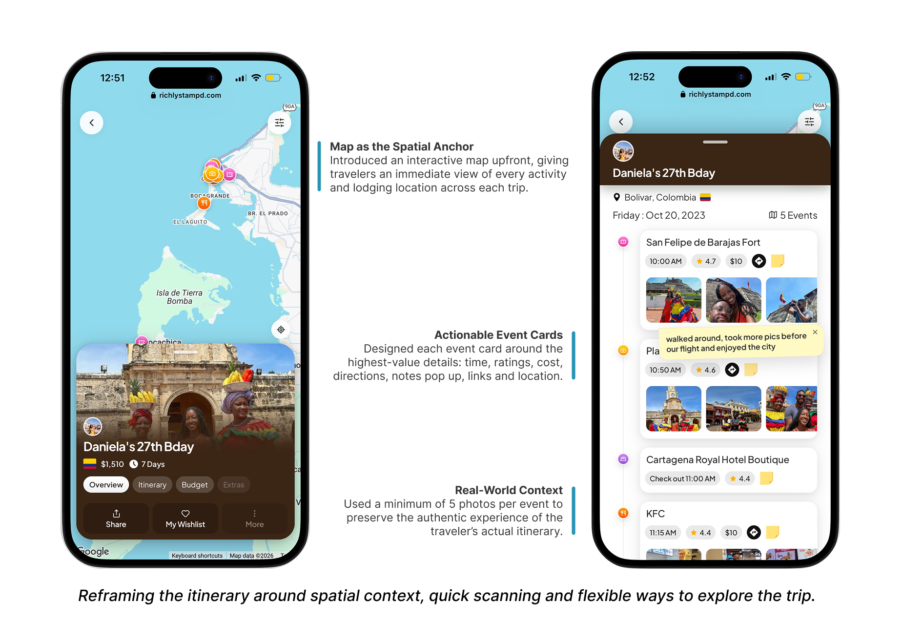 Evolved map-first itinerary experience with actionable event cards