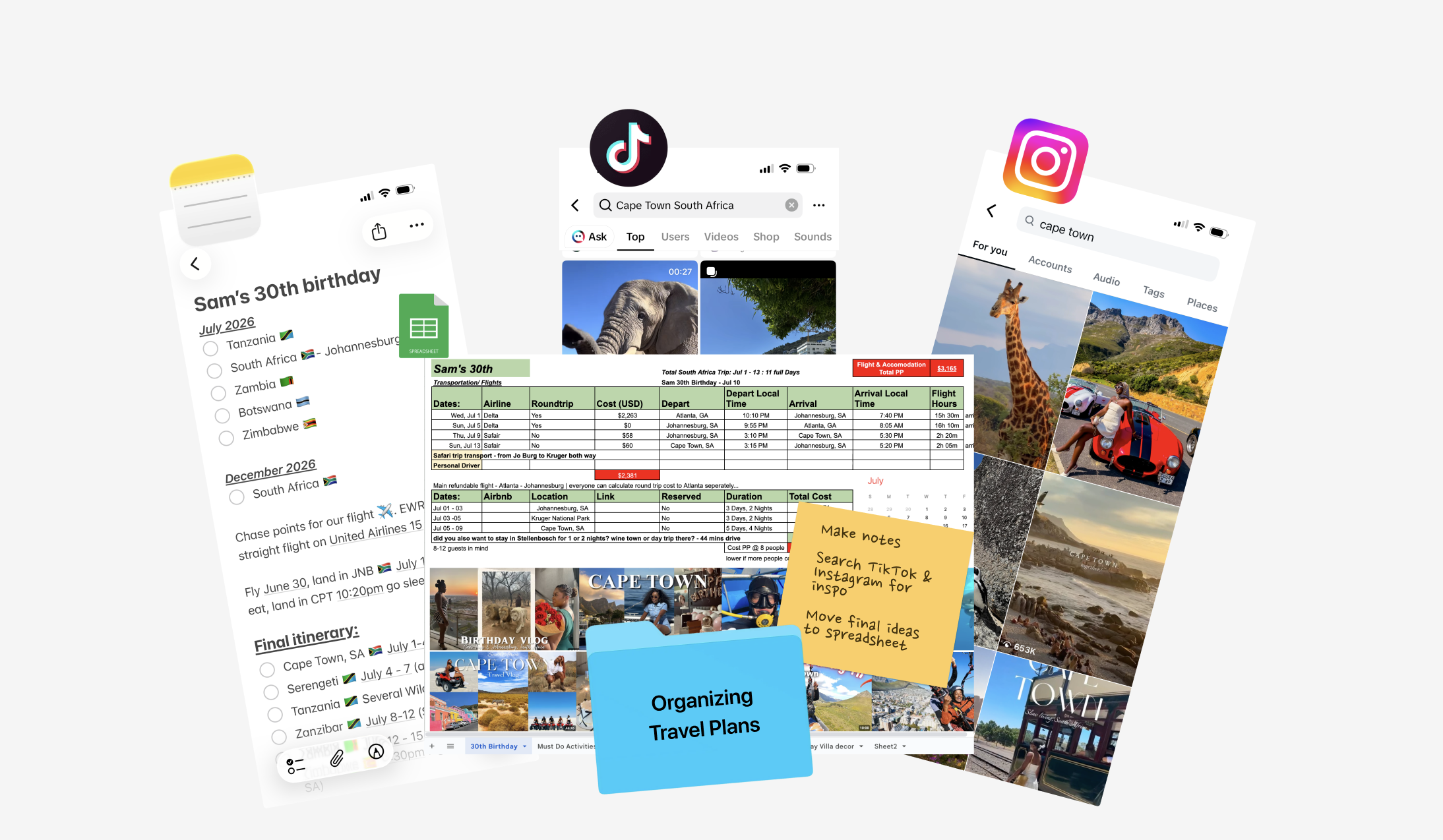 Organizing travel plans across Notes, TikTok, Instagram, and spreadsheets