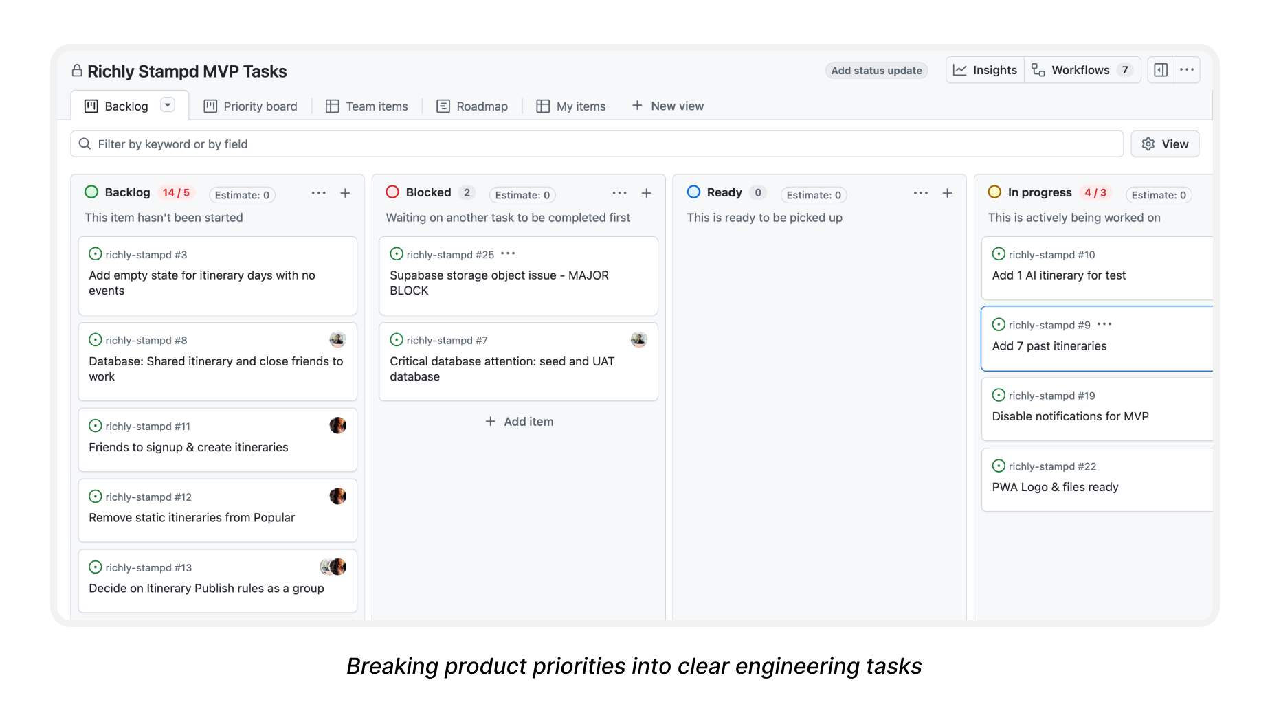 Richly Stampd MVP Tasks board showing backlog, blocked, and in-progress engineering work