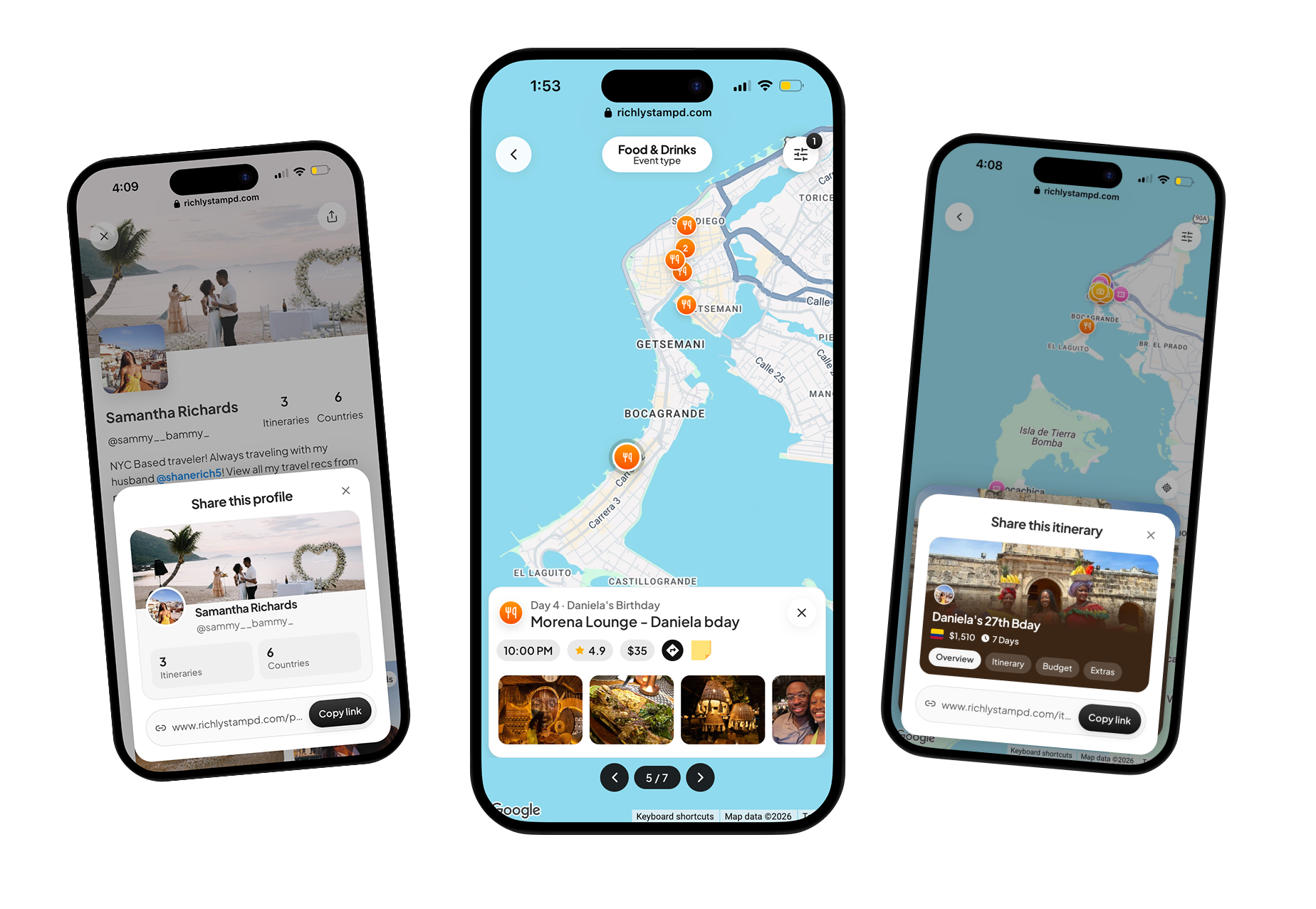 Richly Stampd share profile and itinerary flows with copy-link sharing
